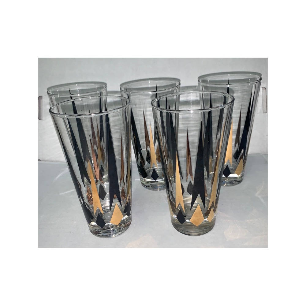 Vintage Anchor Hocking Golden Peaks 5.5" Tumblers MCM Black Gold Atomic Set of 5